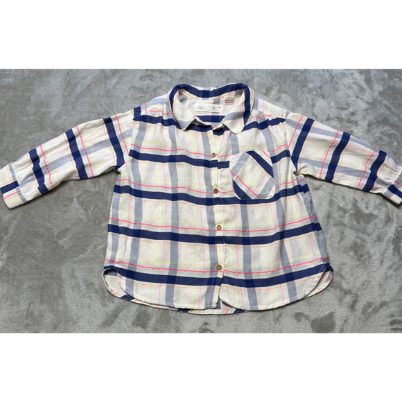 Zara Other - ZARA Kids 2-3 Years Plaid Button Up Shirt 98cm Neon Stripe Unisex Boys Girls